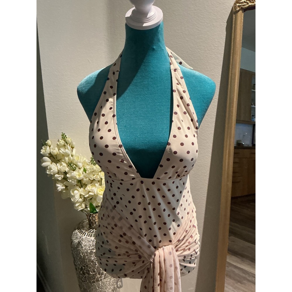 Polka Dot Halter One Piece Swimsuit with Mesh Sarong Tie Cream Brown Plunge Neck